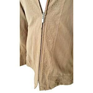 London Fog All Weather Suede Brown Embroidered Jacket Drawstring Zipper Med